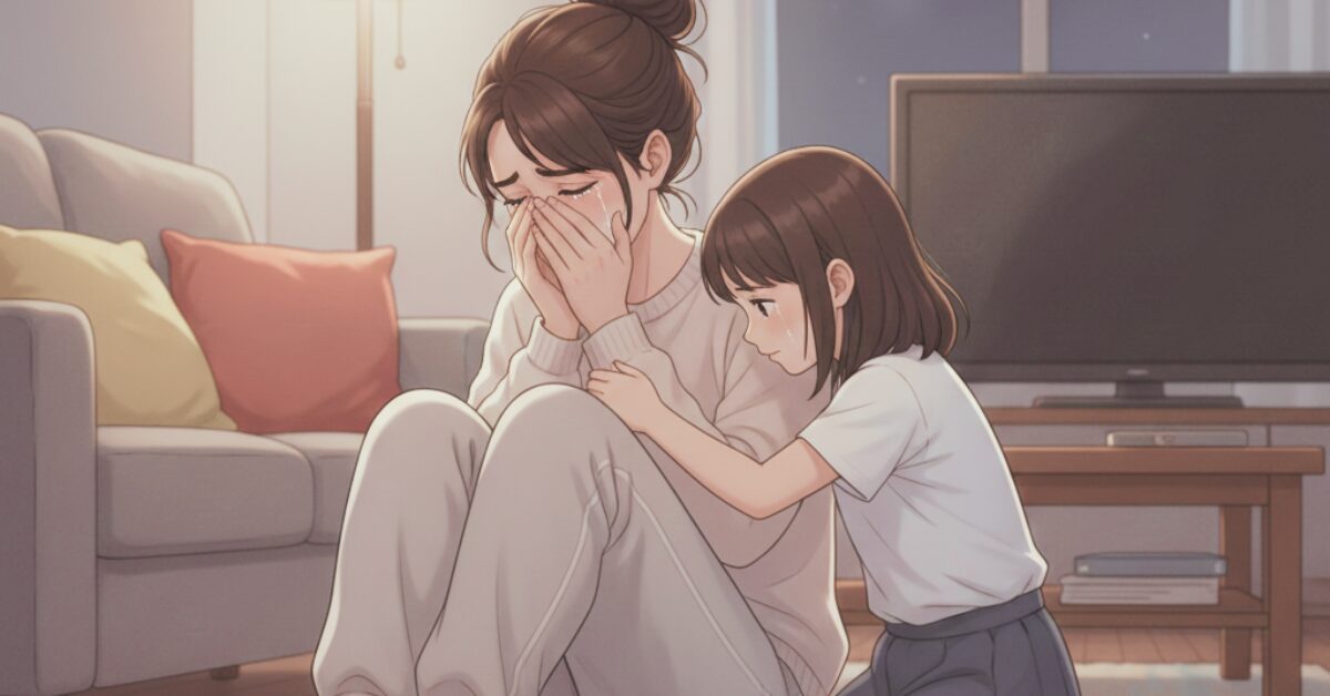 A heartwarming illustration of a young girl, about five years old, gently hugging her crying mother from the side to comfort her. The scene takes place in a dimly lit living room with a warm lamp glowing in the background.