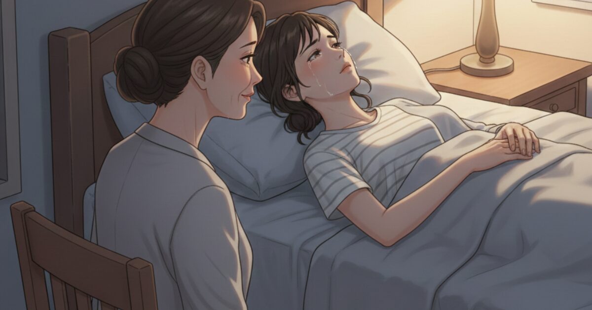 An illustration of a woman lying on a bed during a hypnotherapy session, staring at the ceiling with tears rolling down her cheeks. An older, professional female therapist sits in a chair by the bedside, watching her with a kind and supportive expression.