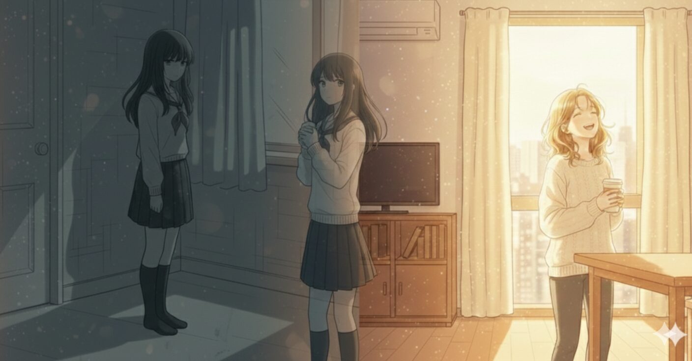 暗い部屋で一人佇む制服姿の少女から、日差しが差し込む明るい部屋で笑顔でコーヒーを飲む女性へと、グラデーションで移り変わるイラスト