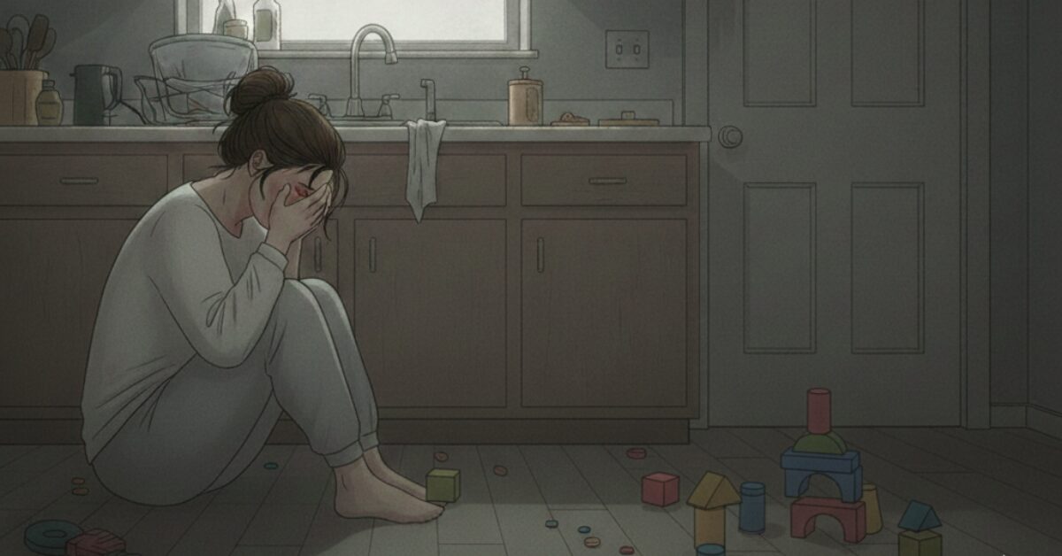 An illustration of a distressed Japanese woman sitting on the kitchen floor with her face in her hands, crying. Scattered colorful building blocks and toys are on the floor around her in a dimly lit, somber kitchen.